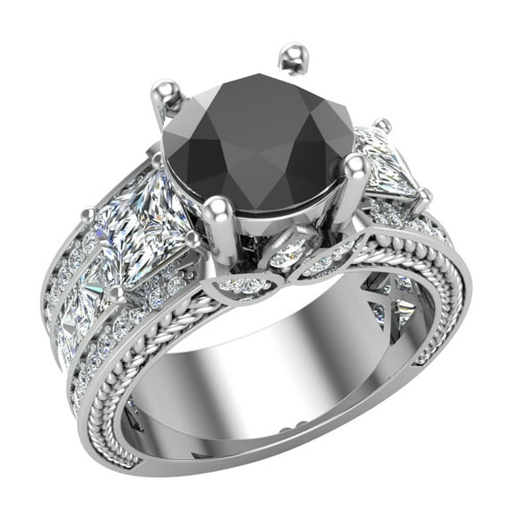 Black Diamond Engagement Ring for Women 8.00 mm 5.35 carat Past Present Future Style 14K White Gold