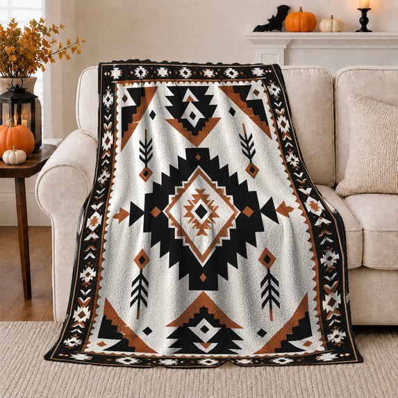 Black Diamond Geometric Pattern, Rustic Desert Style for Geometric Fans, Autumn Pumpkin Sofa Scene and Housewarming Gift, Cozy Flannel Blanket for Cabin and Living Room, Home Decor
