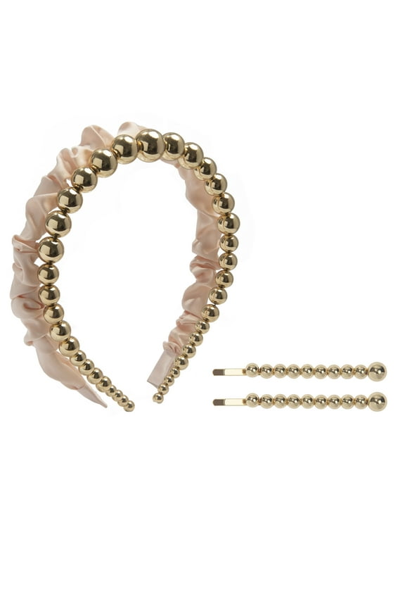 Pink Satin Headband, Metal Headband and Bobby Pins Set, 4-Piece