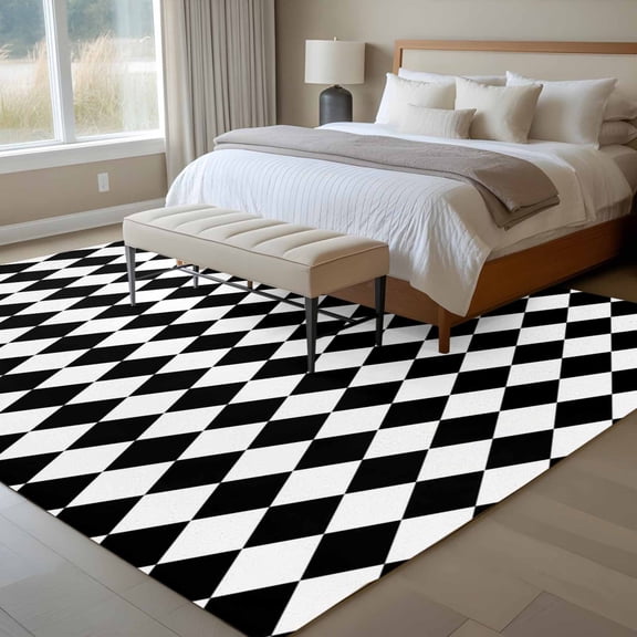 Black Diamond Plaid 6x9 Rug for Dining Room Table and Chair Setup, White Geometric Check Abstract Modern Low Pile Washable Non Slip Rectangle Area Rug