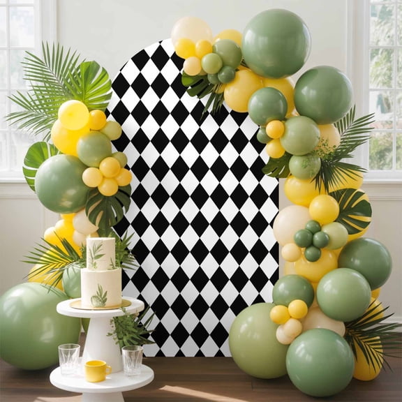 Black Diamond Plaid Arch Backdrop Cover, 4FT, White Geometric Check Abstract Modern Spandex Arch Covers Double-Sided Backdrop for Wedding Birthday Party Photo Background Decoration