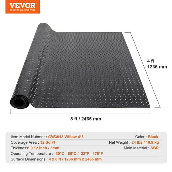 Black Diamond Plate Rubber Mat Roll (3mm x 4ft x 8ft), SBR Garage Flooring, Easy to Clean for Vehicles, Gym, Workshop