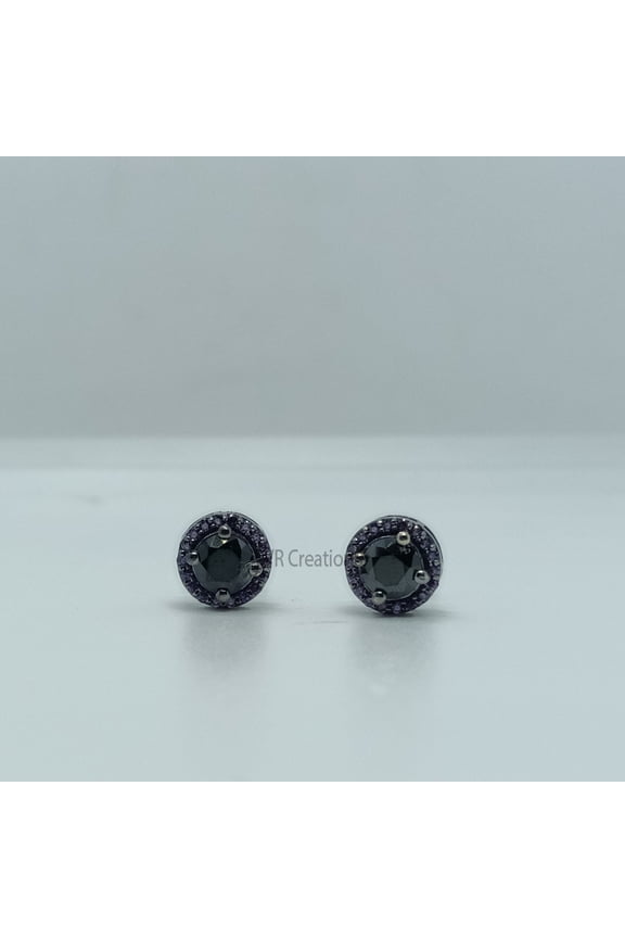 Black Diamond & Purple Amethyst Halo Stud Earrings, Handmade Round Cut Minimalist Jewelry Gift