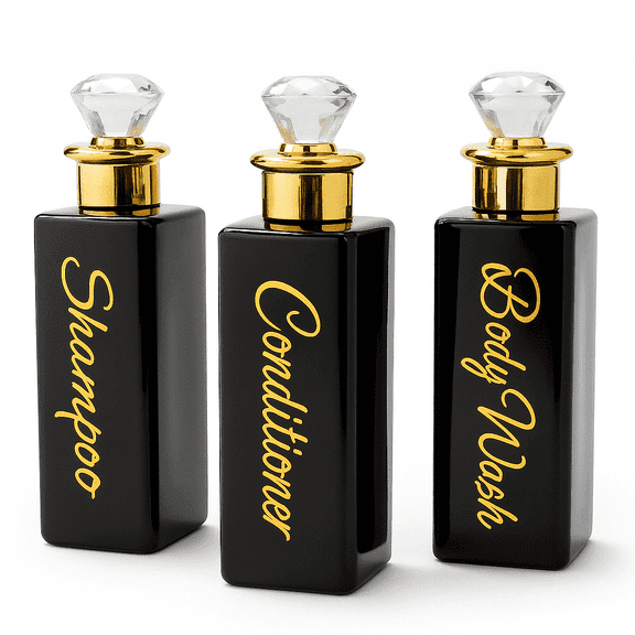 uMadeUs Soap Dispenser – 3 Empty Refillable Empty Body Wash Shampoo and Conditioner Bottles Set - Bathroom Shower Kitchen Liquid Lotion Container with Labels - Square Black Diamond