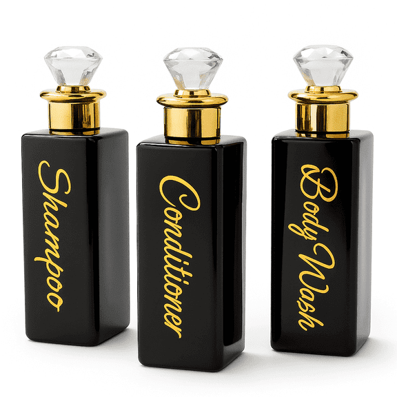 uMadeUs Soap Dispenser – 3 Empty Refillable Empty Body Wash Shampoo and Conditioner Bottles Set - Bathroom Shower Kitchen Liquid Lotion Container with Labels - Square Black Diamond