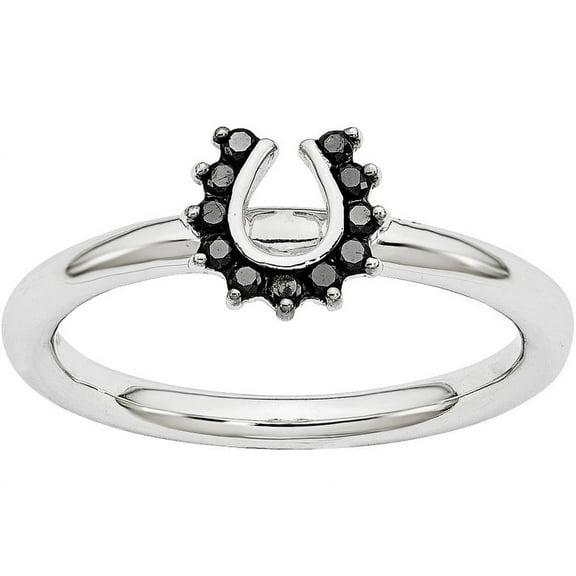 Black Diamond Sterling Silver Rhodium Horseshoe Ring