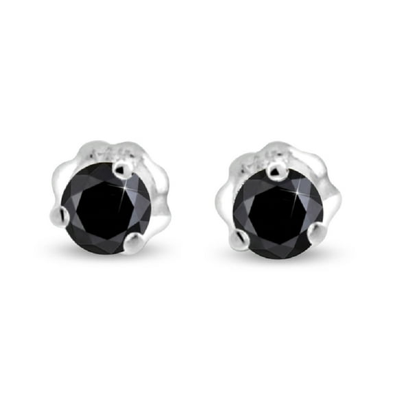 Black Diamond Stud Earrings Round Cut 14K White Gold Earrings Three Prong Setting 0.75 CT TW