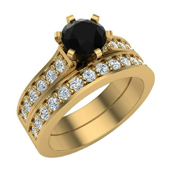 Black Diamond Wedding Ring Set Round Cut Black Diamond Ring Accented 14K Gold 1.10 Carat (F,VS1)