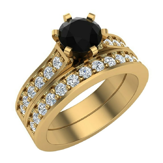 Black Diamond Wedding Ring Set Round Cut Black Diamond Ring Accented 14K Gold 1.50 Carat (H,SI)