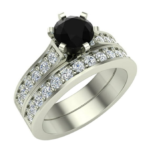 Black Diamond Wedding Ring Set Round Cut Black Diamond Ring Accented 14K White Gold 1.25 Carat (F,VS1)