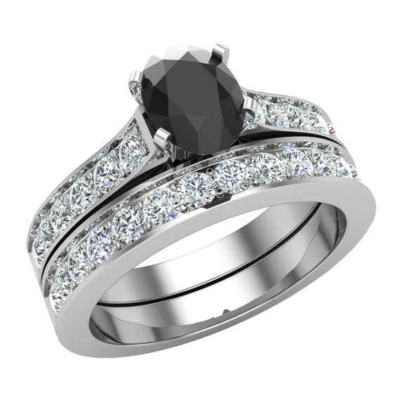 Black Diamond Wedding Ring Set for Women Oval Cut Cathedral Accent 14K White Gold 1.25 Carat (J,I1)