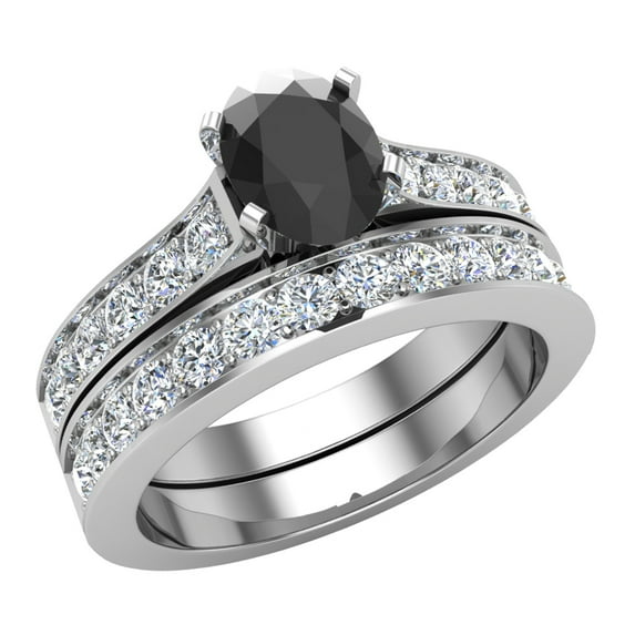 Black Diamond Wedding Ring Set for Women Oval Cut Cathedral Accent 14K White Gold 1.50 Carat (J,I1)