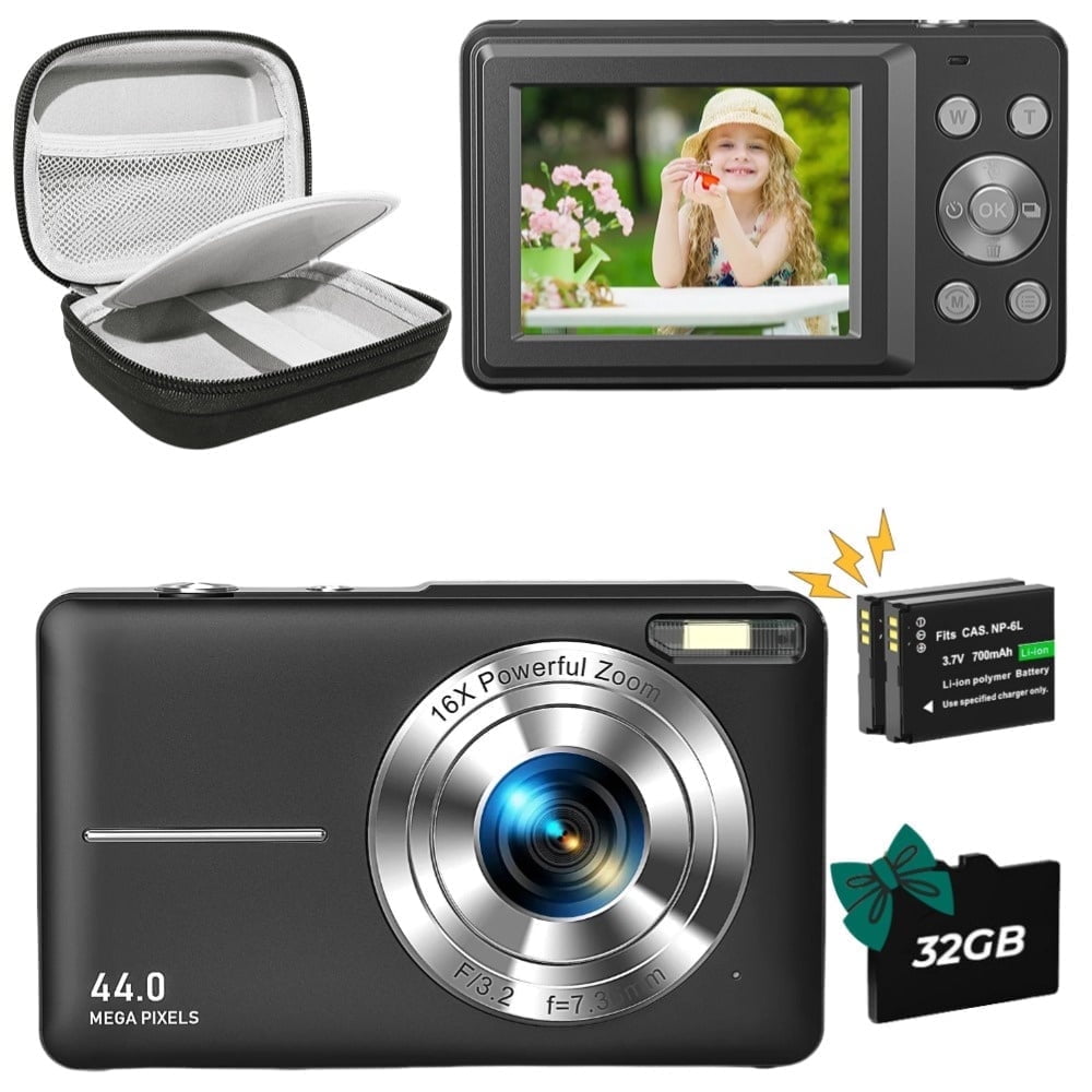 Black Digital Camera with Case, 44MP FHD 1080P, 32GB Card & 2 Batteries，Carrying & Protective Case, Compact for Boys Girls Beginners