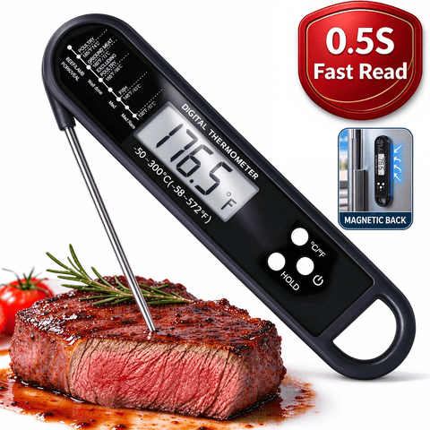 Alifecxwwy Digital Meat Thermometer, Food Thermometer 0.5-Second Fast Read with Large Display and Magnetic Back, Kitchen Tool for Cooking, Grill, BBQ, Baking and Candy, Black