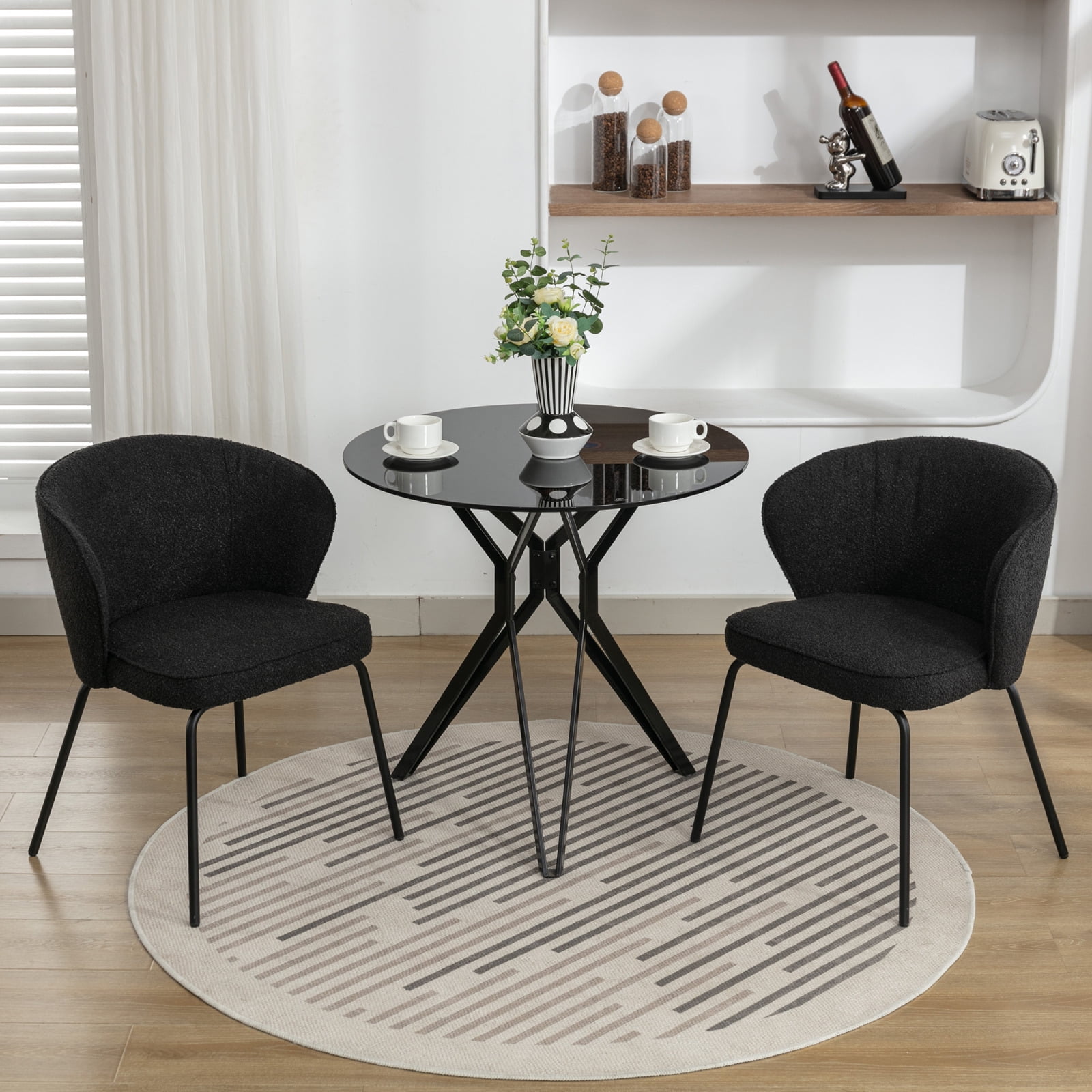 Black Dining Chairs Set of 2, Modern Boucle Fabric Kitchen Chairs With ...