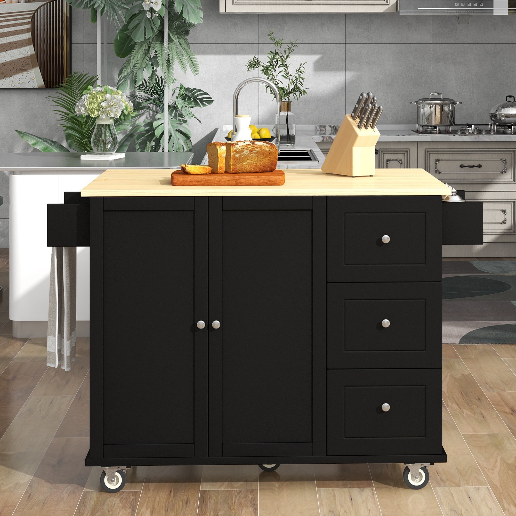 Black Dining Island Cart, HANSHE Moveable Kitchen Island, Wooden Kitchen Cart with 2 Lockable