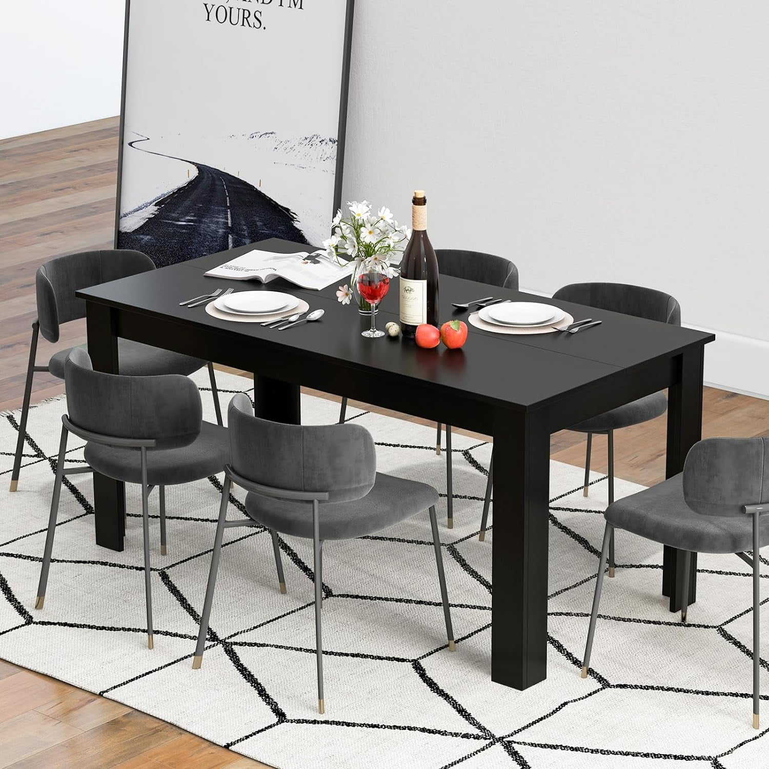 Black Dining Table for 6, Farmhouse 63’’ Rectangular Table with L