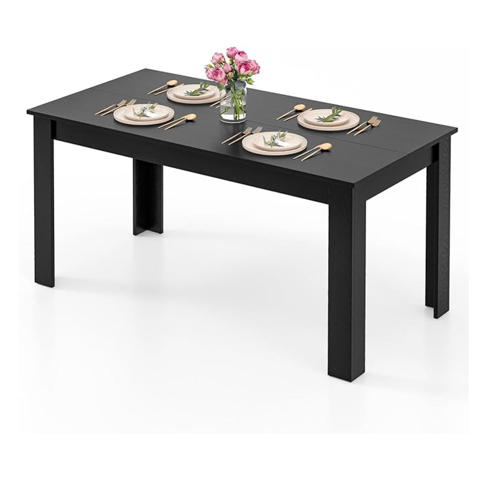 Black Dining Table for 6 with L Shaped Legs, 63’’ Rectangular Wood ...