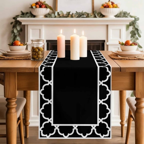 Black Dining Table Runner, Geometric Morocco Printed Border Modern Rustic Noir Dark Washable Table Runners Kitchen Coffee Table Center Decor for Home Party Holiday Wedding 13 x 72 Inches