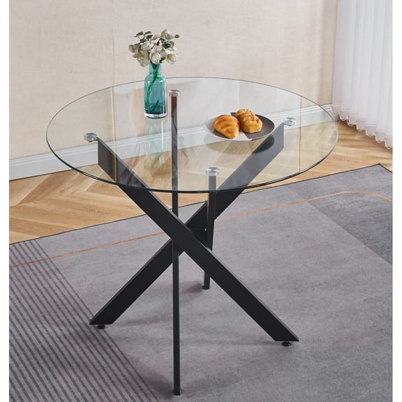Black Dining Table with cross metal leg and tempered glass,Modern Space Saving Kitchen Table for Living Room   WL RR