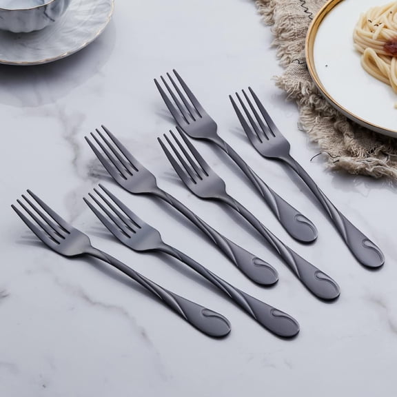 Black Dinner Fork Set, Stainless Steel Shiny Black Metal Table Fork Silverware, Set of 6