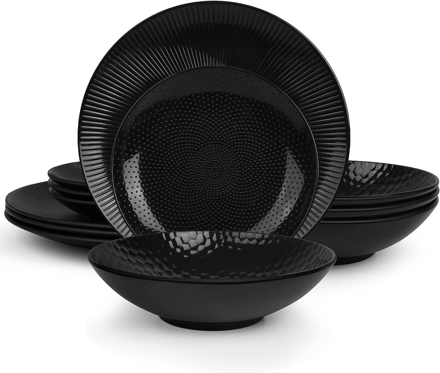 Black Dinnerware Sets 12 pcs Melamine Plates and Bowls Sets Round