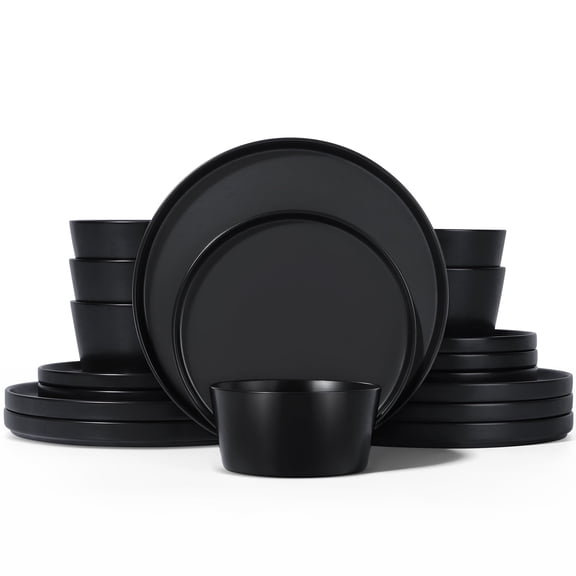 Onader Dinnerware Sets for 6, 18 Piece Plates and Bowls Dish Set, Kitchen Dinner Ware Dining Dishware, Microwave & Dishwasher Safe - Matte Black