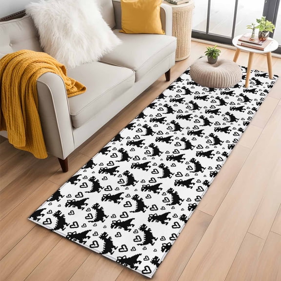 Black Dinosaur 2'x6' Runner Rugs for Hallway Kitchen Bedside Non Slip Washable, Cartoon Funny Cute Dino Love Heart Entryway Rug Runners with Rubber Backing, Long Carpet Runner for Laundry Room
