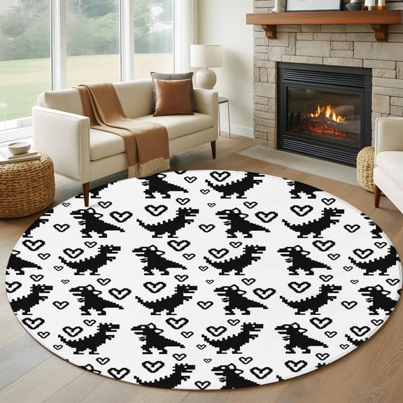 Black Dinosaur Round Area Rug 6Ft Washable Circle Rugs for Bathroom Office, Cartoon Funny Cute Dino Love Heart Non-Slip Carpet Floor Mats Indoor Outdoor Carpet Runner Aesthetic Home Decor