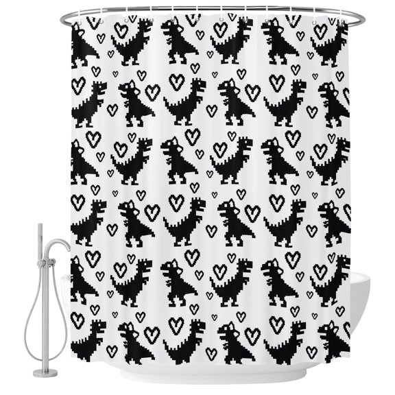 Black Dinosaur Shower Curtain for Bathroom, Pixel Art Style Cartoon Animals Heart Farmhouse Waterproof Cloth Fabric Bathroom Accessories Set with 9 Rust Proof Plastic Hooks, 36"x72"