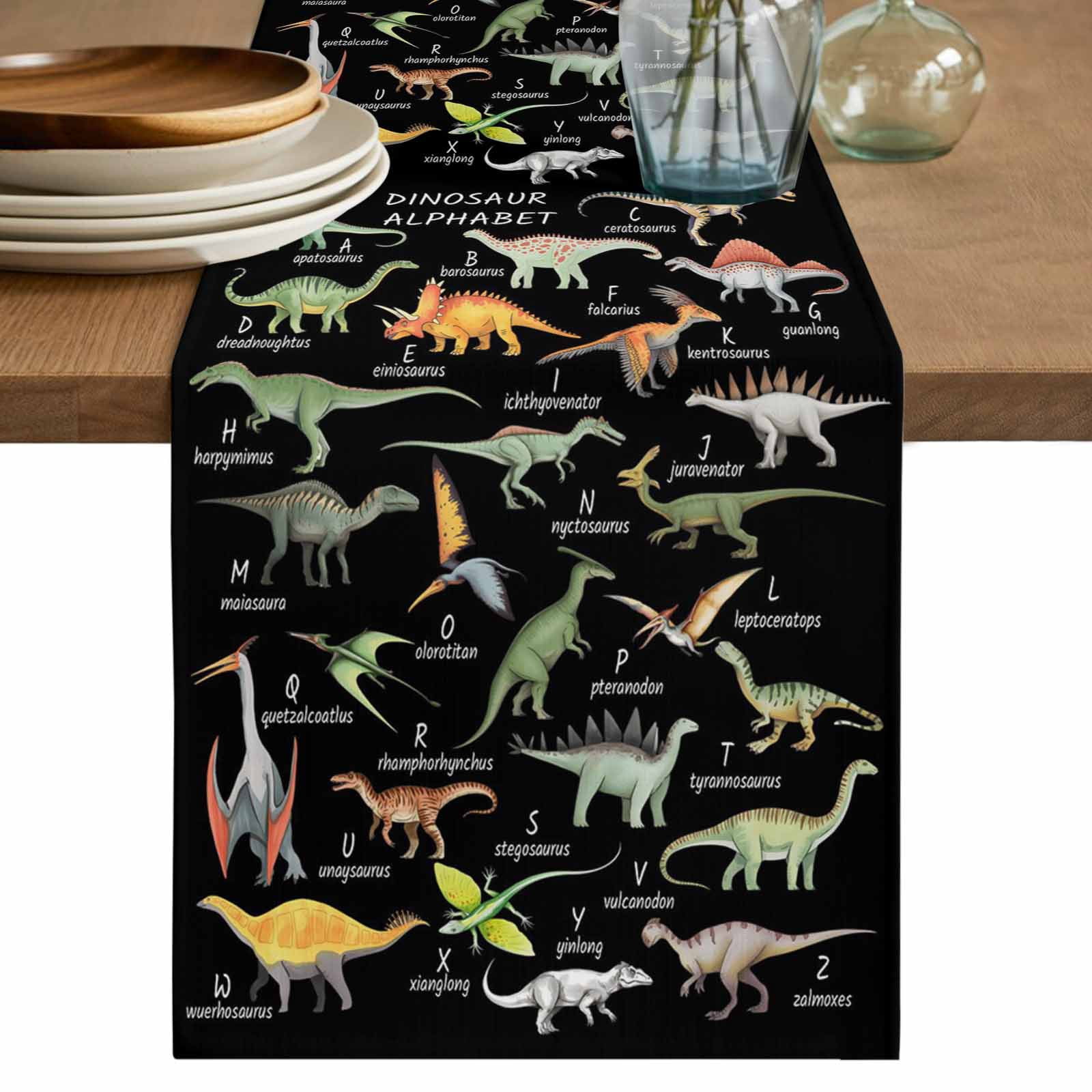 Black Dinosaur Table Runner 120 Inches, Vintage Letters Farm Animals ...