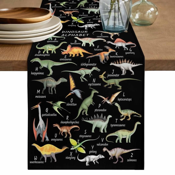 Black Dinosaur Table Runner 60 Inches, Vintage Letters Farm Animals Bed Runner Dresser Scarves Tabletop for Indoor Outdoor Parties/Ceremony/Banquet, 13" x 60"