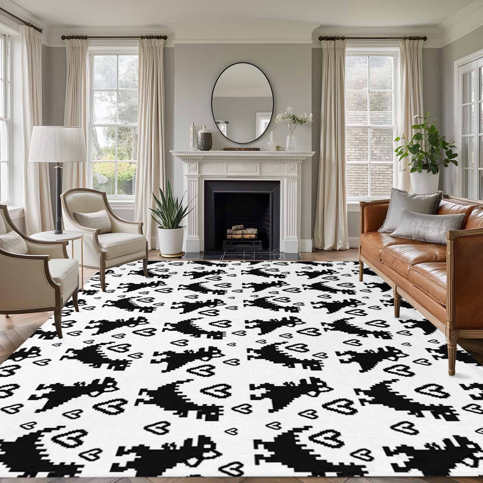 Black Dinosaur Washable Living Room Rugs 5'x8', Pixel Art Style Cartoon ...