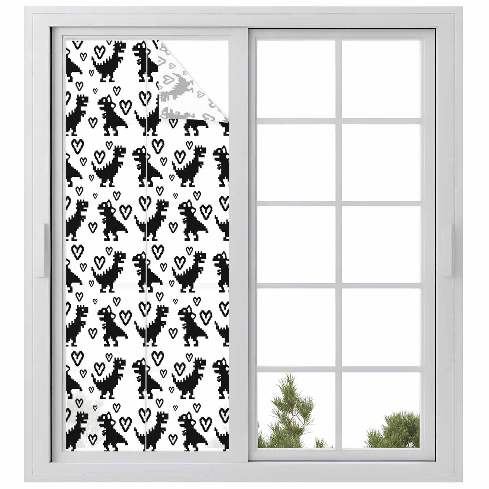 Black Dinosaur Window Privacy Film, Pixel Art Style Cartoon Animals ...