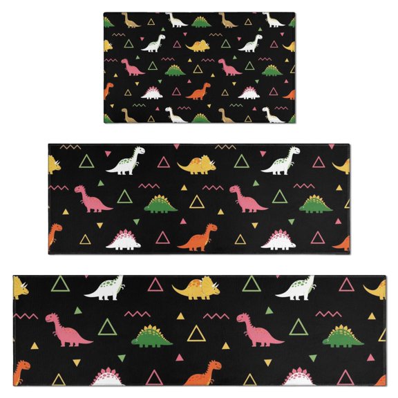 Black Dinosaurs Geometric Pattern Kitchen Rugs Sets Of 3,Kitchen Runner Rugs Non Skid Washable,Decorative Kitchen Floor Mats for Kitchen,Sink,Laundry,17"x30"+ 17"x47" + 17"x59"