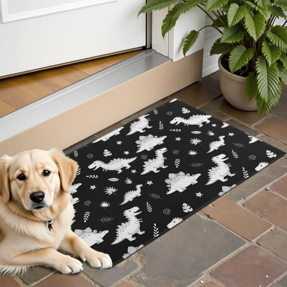 Black Dinosaurs Leaves Stars Pattern Door Rugs,Washable Non Slip Door Mats Indoor,Decorative Door Mats,Entry Mat Indoor for Entrance,Bedroom,Kitchen,Bathroom,16"x24"