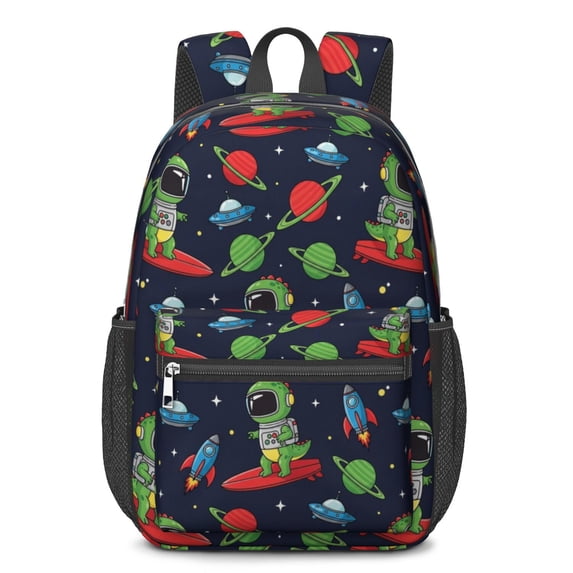Black Dinosaurs Space Surfing Pattern 17" Waterproof Oxford School Backpacks for Teens, S-Shape Padded Straps, for School, Travel, Hiking, Camping