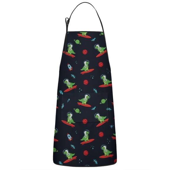 Black Dinosaurs Space Surfing Pattern Apron-Garden Aprons for Women with Pockets-Cotton Linen Waterproof Kitchen Cooking Gardening Aprons Adjustable for Kitchen,Cooking,BBQ and Salon 33x27 Inch