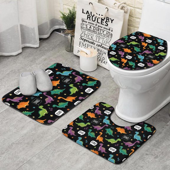 Black Dinosaurs Speech Bubbles Pattern Bathroom Rugs Sets 3 Piece,Toilet Cover Set,Absorbent Non Slip Bathroom Mats Sets with U-Shaped Contour Rug Toilet Rug Set