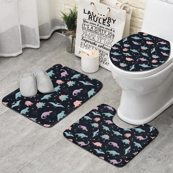 Black Dinosaurs Stars Pterosaurs Pattern Bathroom Rugs Sets 3 Piece,Toilet Cover Set,Absorbent Non Slip Bathroom Mats Sets with U-Shaped Contour Rug Toilet Rug Set