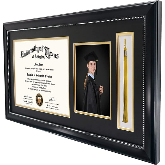 Black Diploma Frame with Tassel Holder, Real Glass, 8.5x11 Certificate & 5x7 Photo, Professional Display