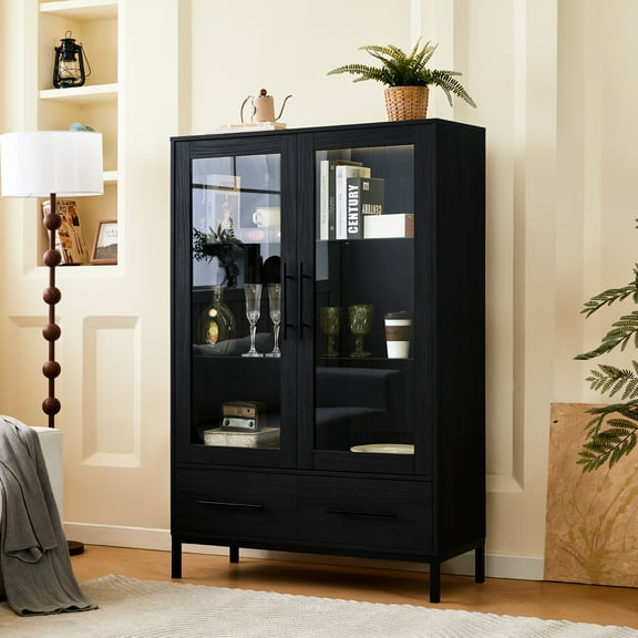 Black Display Case With Led Lights, Two Drawers, 60'' Tall, Tempered Glass Door For Living Room Modern Office Shelf Led, Door,