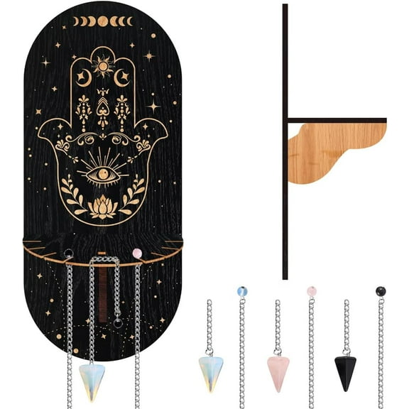Black Display Shelf Hamsa Hand Shelf Magical Boho Wooden Wall Mounted Hanging Rustic Holder Stand with 3 Pieces Crystals Stones for Wall Decor Gray DIY