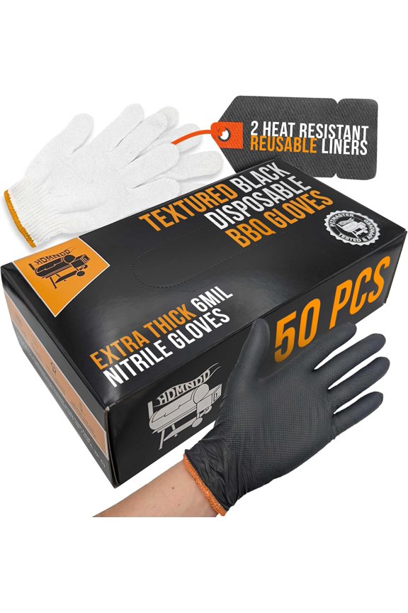 Black Disposable BBQ Grill Gloves Kit - 50 Heavy Duty Textured Grip and 2 Heat Resistant Reusable Liners Meat Pulling