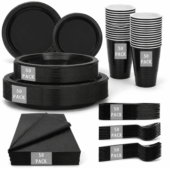 Black Disposable Party Plates and Dinnerware Set with Cutlery and Cups