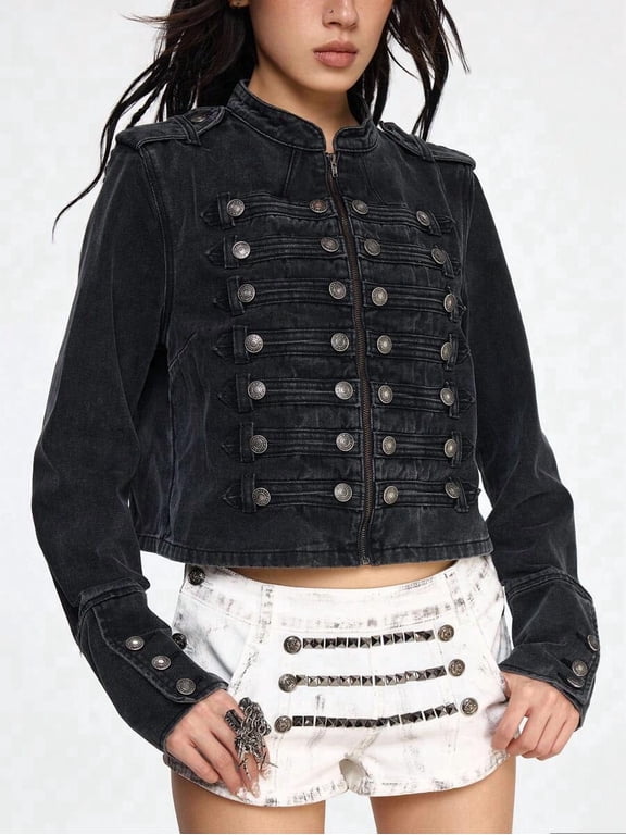 Black Distressed Denim Jacket With Nautical Punk Metal Buckle Closure
