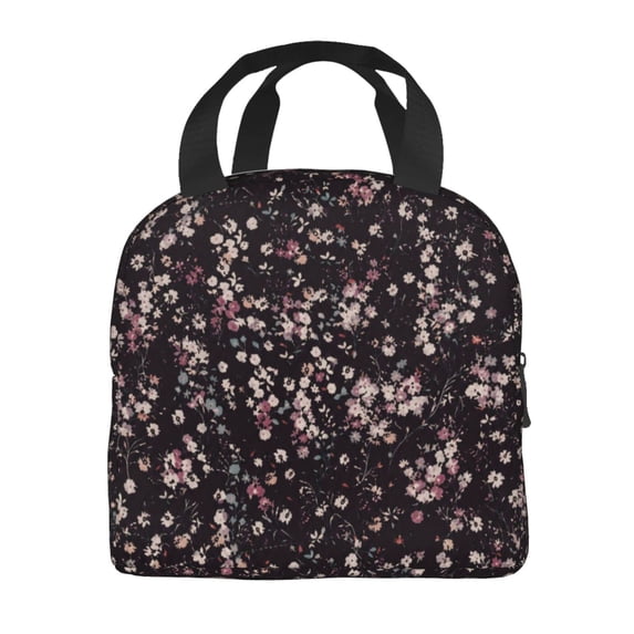 Black Ditsy Floral Lunch Bag Thick Aluminum Foil Cooler Tote for Women Work Picnic Gift