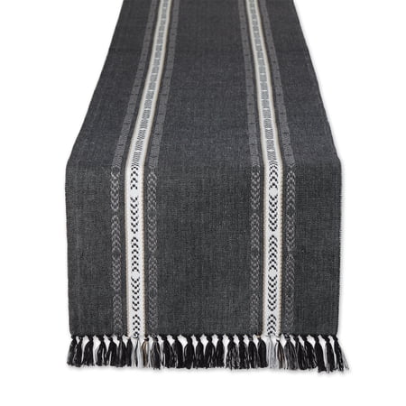 Black Dobby Striped Fringe Ribbed Table Runner 14x72