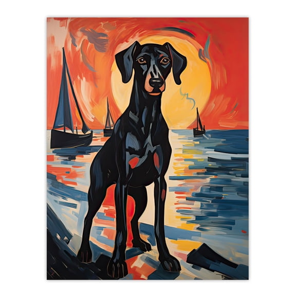 Black Doberman Dog Artwork Coastal Sunset Seascape Acrylic Painting Orange Blue Seascape Sailboats Large Wall Art Poster Print Thick Paper 18X24 Inch