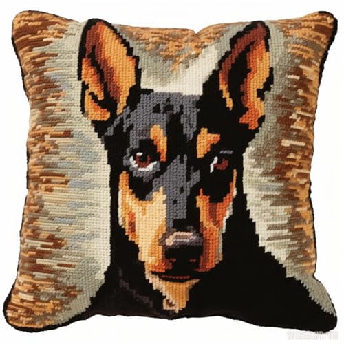 Black Doberman Pinscher Latch Hook Pillow Kits for Beginner Needle Crochet Yarn Kits with Stamped Canvas Embroidery Cushion DIY Hook and Latch Throw Pillow Sofa Decoration 43x43cm(2)